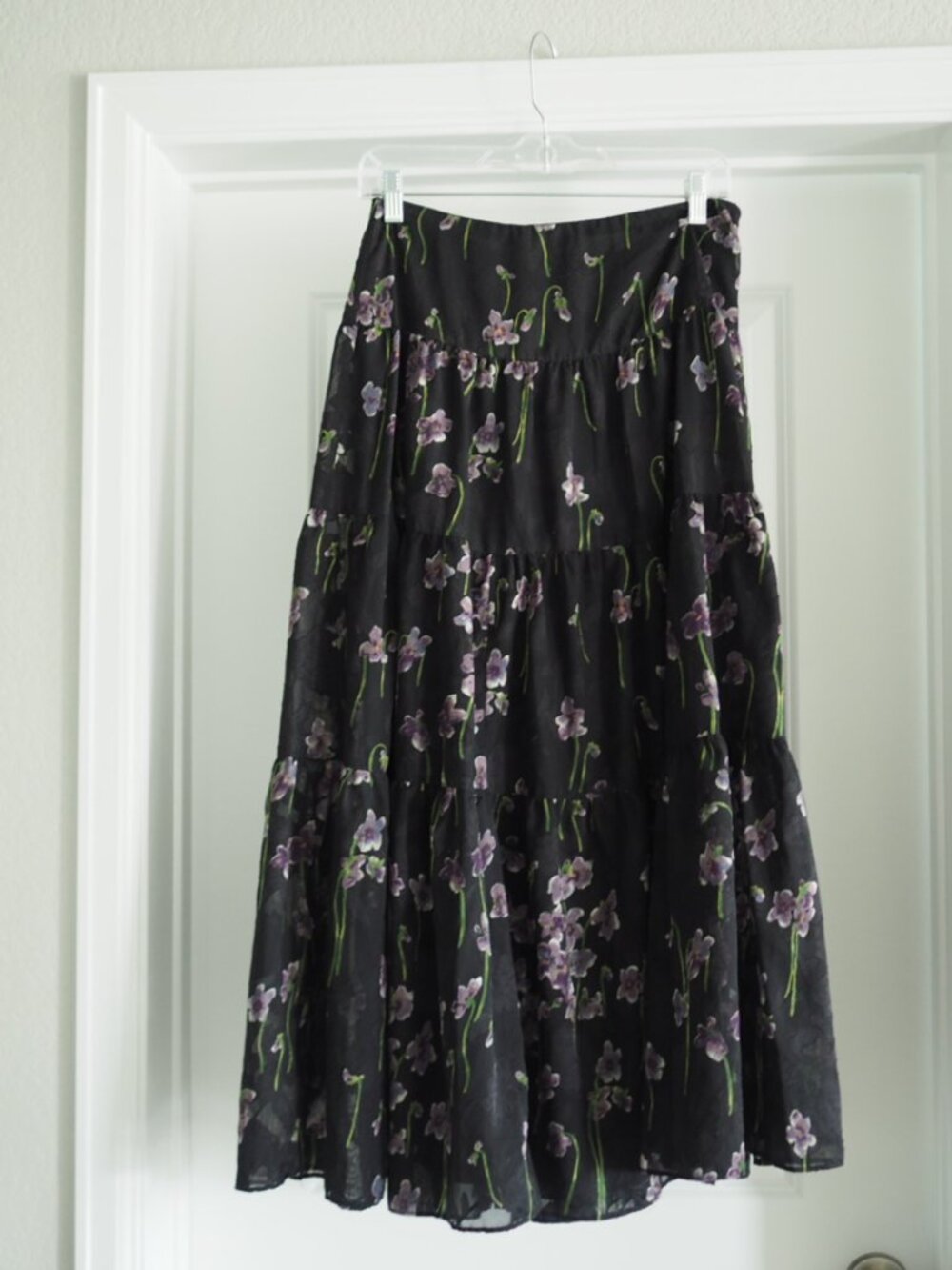 Lauren Ralph Lauren Black Purple Dark Floral Tiered Midi Skirt Women’s Size 4